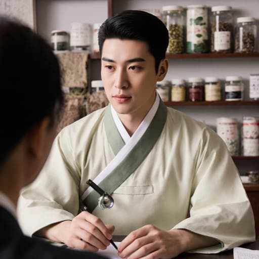 20대 라틴계 남성이 전통적인 차분한 색상의 한복을 입고 반신 촬영된 모습입니다. 그는 상담 도구를 손에 쥐고 고객을 진지하게 바라보며, 다양한 한약재가 정리된 한약 조제실에서 차분하고 집중한 표정을 지으며 전통과 현대를 조화롭게 보여줍니다.