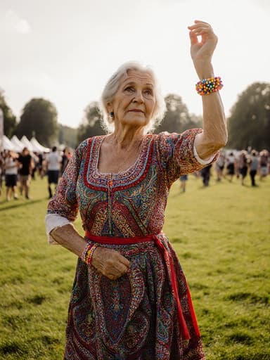 70대 유럽계 여성이 화려한 전통 축제 의상을 입고 있는 전신 사진. 은빛 머리카락과 주름이 있는 얼굴을 가진 그녀는 한쪽 손을 허리에 대고 다른 손은 하늘로 향하며 우아하게 춤을 춘다. 외로운 표정이 그리움을 전달하며, 주변은 축제를 즐기는 사람들로 가득한 흐릿한 공원 배경이다.