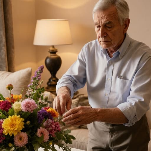 60대 백인 남성이 편안한 셔츠와 바지를 입고 걱정스러운 표정을 지으며 아름다운 꽃꽂이를 만드는 모습의 반신 촬영입니다. 그는 꽃꽂이를 만들기 위해 손을 부드럽게 움직이고 있으며, 사려 깊은 표정을 보여줍니다. 배경에는 여러 가지 꽃으로 장식된 테이블이 있는 아름답게 꾸며진 거실이 있어, 장면의 고요하고 예술적인 분위기를 더합니다.