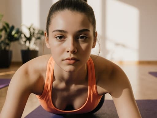 10대 초반의 유럽계 소녀가 반신 촬영으로 포착되어 있으며, 밝은 색상의 요가복을 입고 있습니다. 그녀는 요가 매트 위에서 스트레칭을 하며 평온하고 집중된 표정을 짓고 있습니다. 배경에는 부드러운 조명과 푸르른 식물이 있는 아늑한 요가 스튜디오가 특징으로, 전체적인 분위기를 평온함과 웰빙에 대한 헌신으로 강조합니다.