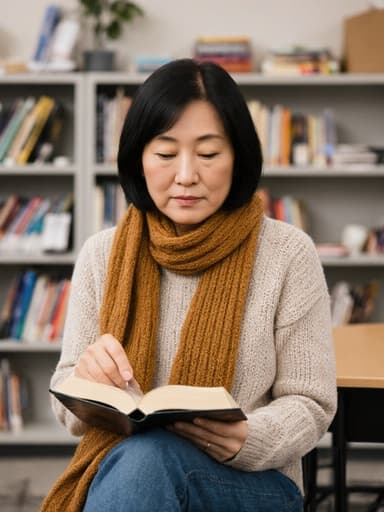 40대 아시아계 여성이 편안한 니트와 청바지, 따뜻한 색상의 스카프를 착용하고 한 손으로 책을 잡고 다른 손으로는 책장을 넘기는 모습이 담긴 반신 촬영입니다. 정리된 강의실 배경 속에서 집중하고 있는 모습이 평화롭고 학구적인 분위기를 자아냅니다.