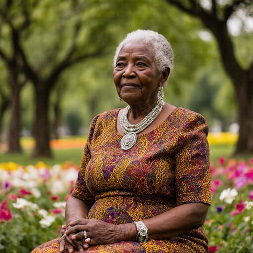 평화로운 공원에서 초록의 나무와 꽃들에 둘러싸여 조용히 앉아 있는 80대 아프리카계 여성의 반신 사진. 전통적인 드레스를 입고 아름다운 장신구로 꾸며진 그녀의 표정은 지혜로움과 삶의 경험을 담고 있으며, 손은 무릎 위에 자연스럽게 놓여 있다.
