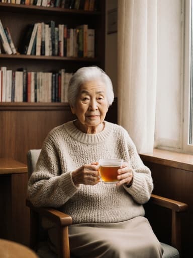 이 이미지는 80대 한국인 여성이 반신으로 촬영된 모습으로, 편안한 니트 스웨터와 스커트를 입고 아늑한 카페에 앉아 있는 장면을 담고 있습니다. 그녀는 따뜻한 차를 들고 차분하고 평화로운 표정을 지으며, 부드러운 빛이 창문을 통해 들어오는 책장이 있는 아늑한 배경이 분위기를 더하고 있습니다.