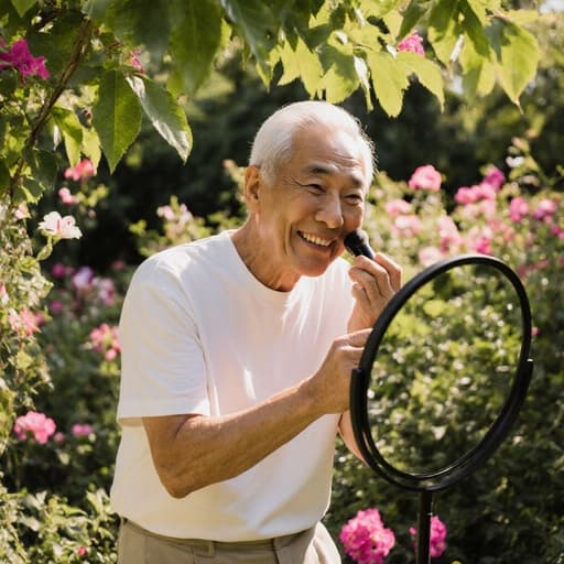 60대 아시아계 남성이 편안한 면 티셔츠와 바지를 입고 거울 앞에서 화장품을 사용하며 행복한 미소를 짓고 있는 모습의 반신 촬영입니다. 배경은 다양한 꽃들이 만발한 푸르른 정원으로, 그의 자연스러운 매력을 더욱 돋보이게 하는 평화로운 분위기를 연출합니다.