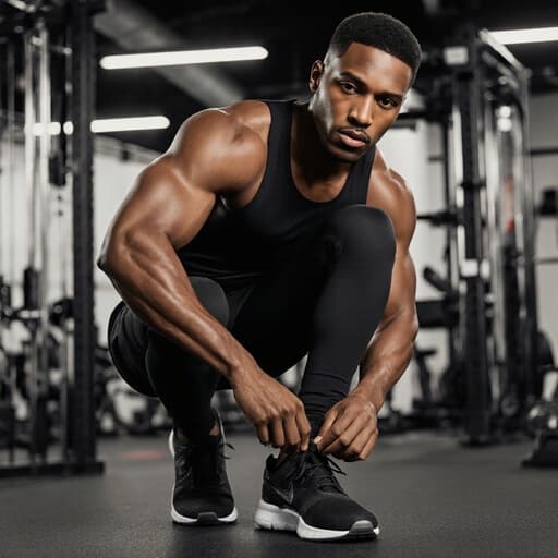 30대 아프리카계 남성이 자신감 넘치는 표정으로 트렌디한 스포츠웨어와 운동화를 착용한 채, 신발을 신기 위해 몸을 살짝 앞으로 기울이고 있는 반신 촬영 모습입니다. 배경은 다양한 운동 기구가 배치된 현대적인 트레이닝 공간으로, 에너제틱하고 동기부여가 되는 분위기를 만들어냅니다.