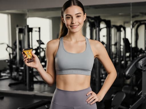 자신감 넘치는 10대 후반의 유럽계 여성 모델이 스타일리시한 운동복을 입고 현대적인 헬스장에서 건강한 스낵을 즐기며 미소 짓고 있습니다. 활기차고 에너지 넘치는 분위기가 그녀의 건강한 라이프스타일을 강조합니다.