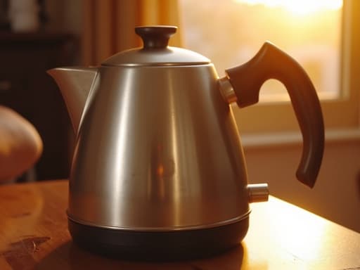 황금빛 노을이 비치는 주방에서 반사되는 광택이 나는 스테인리스 주전자의 따뜻하고 아늑한 분위기.