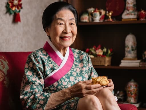 따뜻한 미소를 지으며 편안하게 앉아 있는 70대 동양인 여성, 화려한 무늬의 전통 한복을 입고 전통 명절 음식을 들고 있습니다. 아늑한 거실 배경에는 전통 소품과 축제 분위기를 느낄 수 있는 장식들이 있어 따뜻하고 초대하는 느낌을 줍니다.