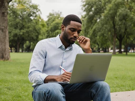 30대 혼혈 남성이 편안한 캐주얼 셔츠와 청바지를 입고 노트북을 들고 깊은 생각에 잠긴 채 글을 쓰고 있는 모습의 반신 촬영. 푸른 잔디와 나무가 둘러싸인 공원 환경에서 영감을 받는 듯한 우아한 표정이 드러난다.