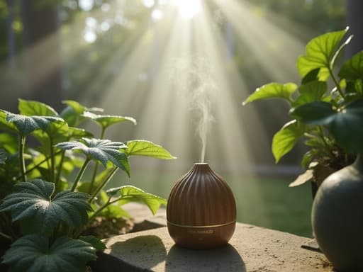 새벽 안개가 낀 고요한 정원에 있는 디퓨저, 고요하고 평화로운 분위기.