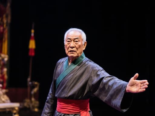 60대 아시아계 남성이 자연스러운 외모로 전통적인 무용복을 착용하고 있는 반신 촬영입니다. 그는 화난 표정을 지으며 팔을 약간 벌리고 긴장된 자세로 무용 공연을 기다리는 모습입니다. 배경은 무대 장치가 있는 공연장으로 어두운 조명이 분위기를 강조하여 무용 전에 강렬한 감정과 기대감을 만들어냅니다.
