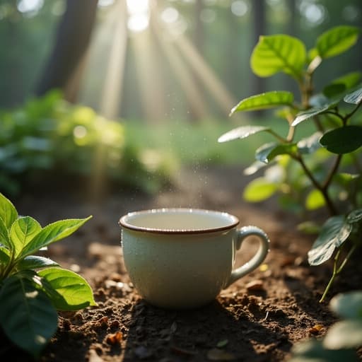 아침 이슬이 맺힌 숲속에 있는 머그컵, 고요하고 평화로운 분위기.