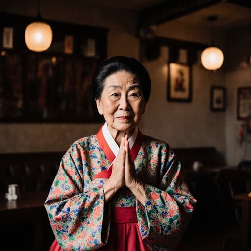 80대 한국인 여성의 반신 사진으로, 화려한 전통 한복을 입고 자연스러운 주름이 드러나 있습니다. 불편한 표정을 지으며 주위를 의식하는 듯한 모습으로 두 손을 모아 인사하는 자세를 취하고 있습니다. 배경은 전통적인 장식이 어우러진 아늑한 카페 내부로 따뜻한 조명이 비추고 있어, 문화와 감정이 조화를 이루는 장면입니다.