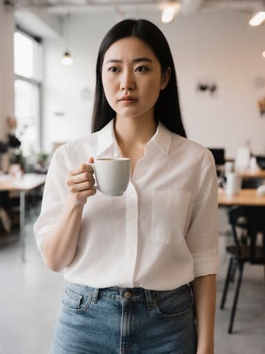 30대 아시아계 여성이 자연스러운 외모로 심플한 블라우스와 편안한 청바지를 착용한 반신 촬영입니다. 그녀는 긴장한 표정을 지으며 커피 컵을 손에 들고 집중하는 자세를 취하고 있습니다. 배경은 디자인 스튜디오의 현대적인 인테리어로, 창의적인 요소가 가득하여 분위기를 더욱 돋보이게 합니다.