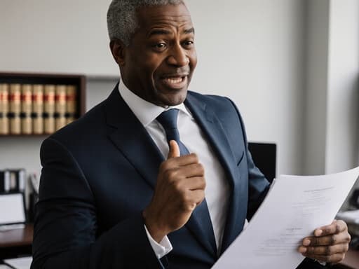 50대 흑인 남성이 정장과 넥타이를 착용하고 법률 문서를 들고 있는 모습의 생동감 있는 반신 샷. 현대적인 법무사무실 배경에서 자신감 넘치게 손짓하며 열정과 전문성을 발산하고 있습니다.