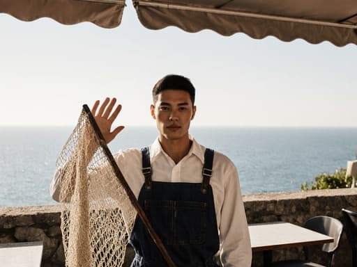 30대 혼혈 남성이 전통적인 어부 작업복을 입고 어망을 살짝 들어 올리며 인사하는 자세로 바다를 바라보는 카페 테라스에 서 있습니다. 차분하고 평화로운 분위기로 해안 생활의 본질을 담고 있습니다.