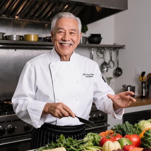 60대 친근한 라틴계 남성이 전통적인 요리사 복장을 입고, 화려한 조리 기구와 신선한 재료가 가득한 현대적인 주방에서 따뜻한 미소를 지으며 요리에 대한 열정을 드러내고 있습니다. 한 손에는 조리 도구를 들고 다른 손으로 요리 재료를 가리키며, 그의 전문성을 보여주고 관객을 초대하는 모습입니다.