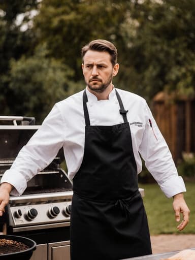 30대 유럽계 남성 셰프가 흰색 요리복과 검은색 앞치마를 착용하고 바베큐 그릴 앞에 서 있는 반신 촬영. 그의 팔은 벌어져 있으며 요리하는 모습에서 지루한 표정을 짓고 있는 자연스러운 분위기의 이미지입니다.