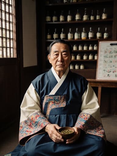 전통 한복을 입은 60대 동양인 남성 모델의 반신 사진으로, 약재가 담긴 작은 그릇을 들고 크로스 레그로 앉아 있는 모습이며, 전통 한의원 내부의 아늑한 분위기가 배경으로 보입니다.