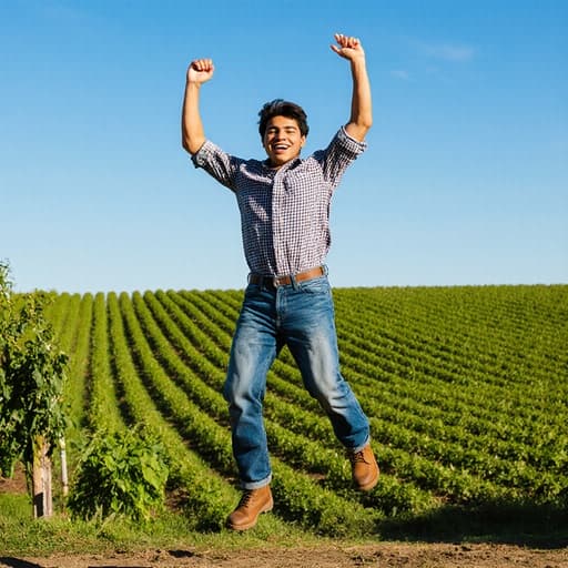 생생한 스톡 이미지로, 농부 스타일의 옷을 입은 10대 후반의 라틴계 남성이 푸른 하늘 아래에서 두 손을 높이 들고 기쁘게 뛰고 있는 모습을 담고 있습니다. 풍성한 녹색 농장 풍경 속에서 자유롭고 행복한 느낌을 주고 있습니다.