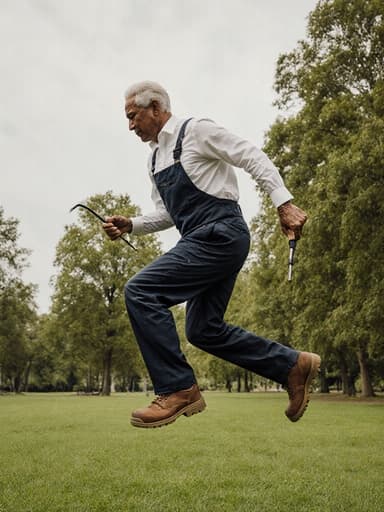 60대 혼혈 남성이 자신감 있고 세련된 표정으로 편안한 작업복과 안전화를 착용하고 점프하는 모습입니다. 그는 조립 도구를 들고 있으며, 배경은 조용하고 푸른 공원으로 나무와 잔디가 어우러져 있습니다. 전체적인 분위기는 전문성과 우아함을 전달하며, 자연스러운 조명으로 따뜻하고 매력적인 느낌을 줍니다.
