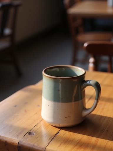 빈티지 카페 테이블 위에 있는 도자기 머그컵, 따뜻한 자연광, 미세한 나무 질감, 유약의 약간의 결함, 부드러운 그림자, 아늑한 분위기.