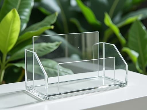 맑은 아크릴 정리함이 울창한 녹음의 배경에 놓여 있으며, 고요하고 상쾌한 분위기입니다.