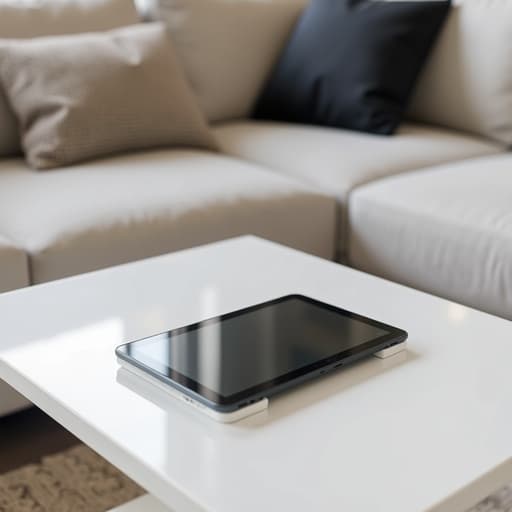 현대적인 하얀 라운지 테이블 위에 있는 태블릿, 부드러운 주변 조명, 유리 표면에 미세한 반사, 흐릿한 배경에 질감 있는 패브릭 쿠션, 현대적이고 우아하며 편안한.