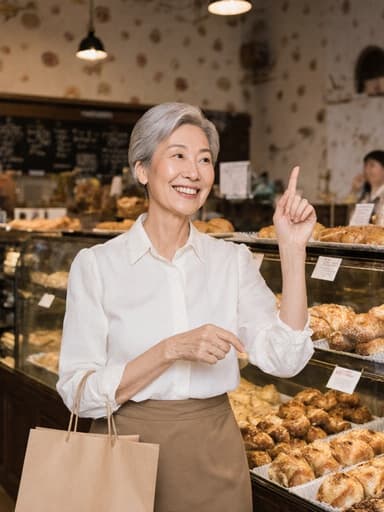 60대 활기찬 동양인 여성이 편안한 블라우스와 스커트를 입고 쇼핑백을 들고 아기자기한 베이커리에서 다양한 맛있는 빵과 디저트를 구경하고 있는 반신 샷입니다.