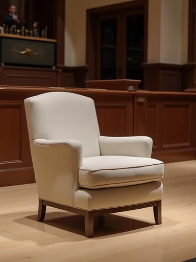 클래식 오케스트라 홀 내부에 있는 우아한 라운지 체어와 따뜻한 분위기의 조명.