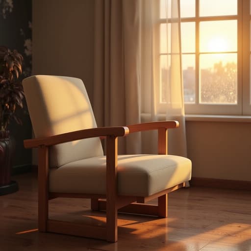 의자, 가구, 황금빛 노을이 비치는 큰 창문, 따뜻하고 초대하는 분위기.