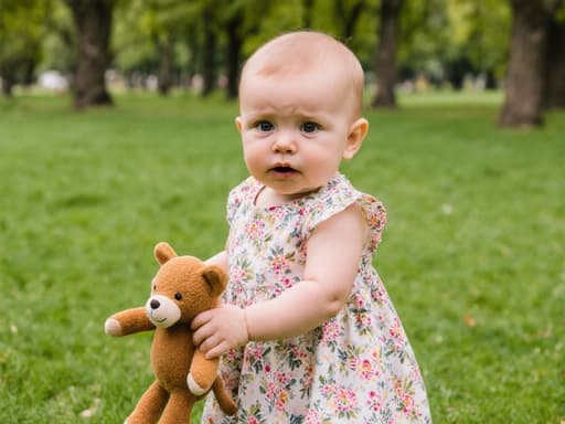 귀여운 꽃무늬 원피스를 입은 1세 유럽계 아기 소녀의 반신 사진으로, 손에 동물 인형을 들고 춤추는 듯한 자세로 서 있으며 푸른 잔디와 나무가 있는 공원 풍경에서 순수함과 호기심을 발산하고 있습니다.