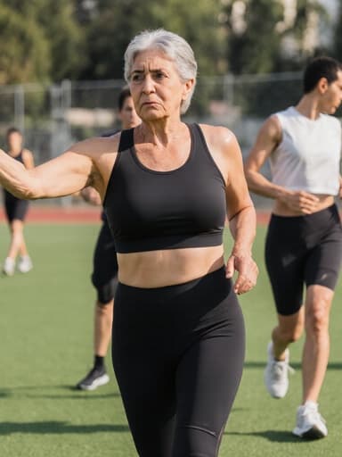 50대 중동계 여성이 트렌디한 스포츠웨어를 입고 약간의 불만이 드러난 표정으로 걷고 있는 반신 사진, 배경은 다른 선수들이 훈련하고 있는 활기찬 운동장입니다.