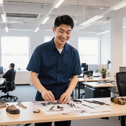 30대 아시아계 남성이 현대적인 디자인 공유 오피스에서 책상 위의 디자인 도구를 정리하며 자연스럽게 미소짓고 있습니다. 깔끔한 작업복과 작업화가 전문적인 환경을 보완하며 매력적인 분위기를 만들어냅니다.
