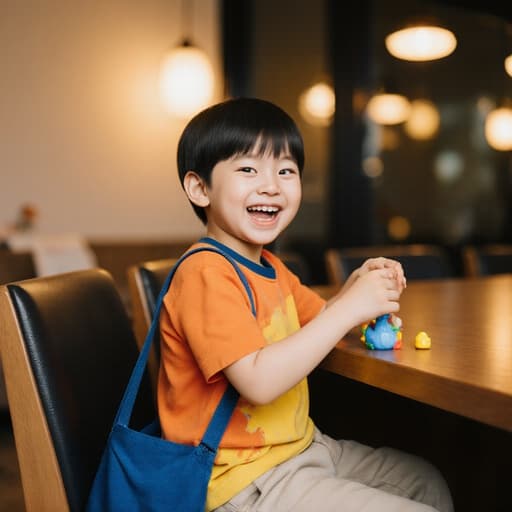 아늑한 카페에서 밝은 색상의 티셔츠와 편안한 바지를 입고 장난감을 가지고 놀며 즐겁게 미소 짓고 있는 3세 한국인 남성의 매력적인 반신 사진. 카페의 따뜻한 분위기가 즐거운 감정을 더해줍니다.