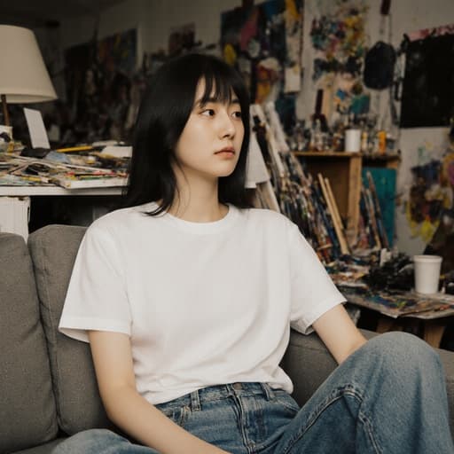 이 이미지는 아트 스튜디오에 앉아 있는 편안한 복장의 10대 후반 한국인 여성을 담고 있습니다. 그녀의 피곤한 표정은 창작에 대한 깊은 고민을 나타내며, 무릎에 팔을 올리고 주변을 사색적으로 바라보고 있습니다.