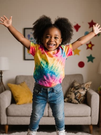 화려한 티셔츠와 청바지를 입은 3세의 흑인 여자 아동이 두 팔을 벌리고 점프하며 밝은 미소를 짓는 전신 사진. 배경은 아기자기한 장식으로 꾸며진 따뜻한 거실로, 즐거운 분위기를 연출합니다.