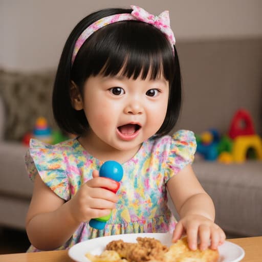 밝은 색상의 드레스와 헤어밴드를 쓴 귀여운 3세 동양인 소녀의 반신 촬영, 배고픈 표정을 지으며 한 손으로 장난감을 들고 다른 손으로 음식을 향해 뻗어 있는 모습이 아늑한 거실에서 장난감과 함께 담겨 있습니다.