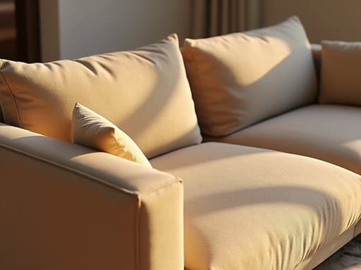 따뜻한 황금빛 일몰 속 소파, 아늑한 분위기를 만들어냅니다.