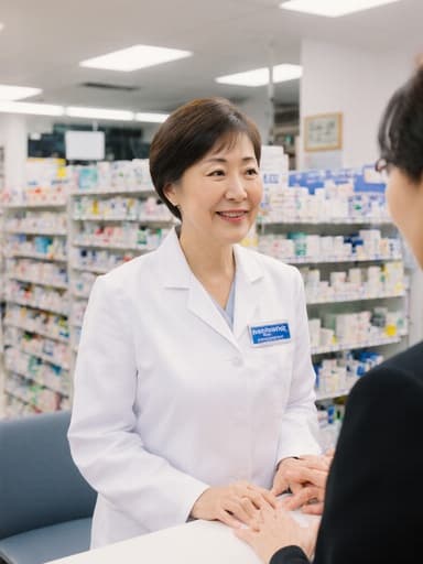 50대의 활기찬 한국 여성의 반신 촬영, 흰색 약사 가운을 입고 이름표가 보입니다. 그녀는 약국 카운터 옆에 서서 고객과 친근하게 대화하고 있습니다. 배경은 약품과 건강 제품이 진열된 약국 내부로, 잘 정리된 대기실을 보여줍니다. 이 장면은 따뜻하고 매력적인 분위기를 포착하며 약사의 환영하는 태도와 전문성을 강조합니다.