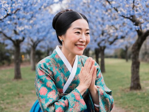 70대 혼혈 여성의 반신 사진으로, 화려한 패턴의 전통 한복을 입고 따뜻한 미소를 지으며 몸을 약간 앞으로 기울이고 두 손을 모아 인사하는 자세를 취하고 있습니다. 배경은 푸른 나무와 꽃들이 어우러진 평화로운 공원입니다.