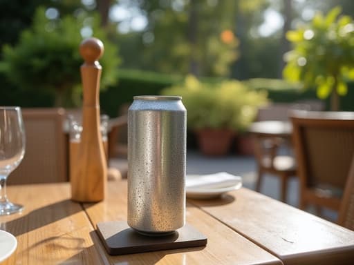 고급 레스토랑 테라스에 있는 음료 캔의 근접 촬영, 우아한 식사 요소와 무성한 녹지, 부드러운 그림자가 어우러져 아늑한 분위기를 조성합니다.