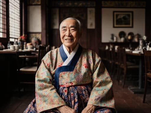 이미지에는 전통 한복을 입고 바닥에 앉아 있는 80세 아시아계 남성이 담겨 있습니다. 그는 고풍스러운 전통 건축 양식의 카페에서 주변의 빈티지 소품들을 감상하며 친근하고 기분 좋은 표정을 지어 보입니다. 이 장면은 따뜻하고 초대하는 분위기를 만들어냅니다.