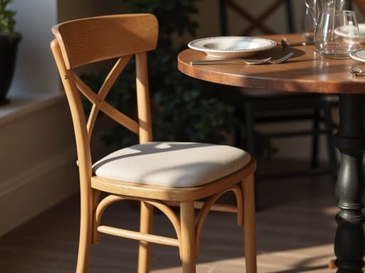 빈티지 카페 의자가 빈티지 카페 테이블 중앙에 놓여져 있으며, 따뜻한 분위기와 아늑한 느낌이 있습니다.