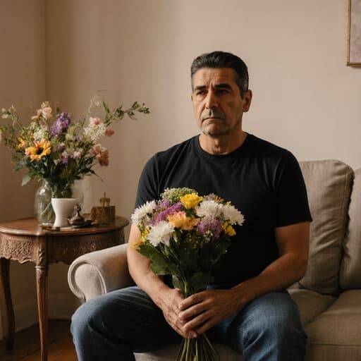 40대 라틴계 남성이 걱정스러운 표정을 지으며 캐주얼한 티셔츠와 청바지를 입고 앉아 꽃다발을 들고 있는 반신 사진. 배경은 꽃 장식이 놓인 아늑한 거실로, 그의 걱정스러운 표정과 꽃다발의 중요성을 잘 나타내는 따뜻한 분위기를 자아냅니다.