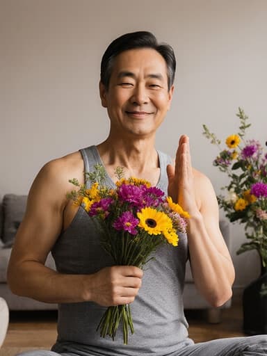 50대 동양인 남성의 반신 사진으로, 자연스러운 외모와 부드럽고 진솔한 미소를 지니고 있습니다. 그는 편안한 요가복을 입고 있으며, 여유로운 분위기를 연출하고 있습니다. 한 손에는 꽃다발을 들고 요가 자세를 취하고 있어 마음챙김과 자연의 조화를 보여줍니다. 배경은 아늑한 거실에 다양한 꽃들이 장식되어 있어 평화로운 분위기를 더합니다. 이 이미지는 편안함과 웰빙의 본질을 포착하며, 관객에게 평화롭고 아름다운 순간을 경험하도록 초대합니다.