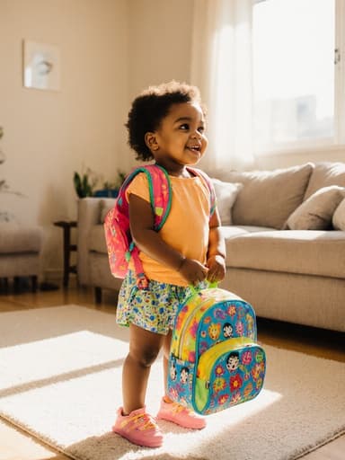 밝은 색상의 유치원 옷과 귀여운 신발을 착용한 1살의 흑인 여성 아기가 유치원 가방을 들고 햇살이 잘 드는 아늑한 거실에 서 있으며, 즐거움과 흥분을 표현하고 있습니다.