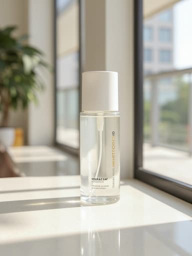 현대적인 사무실 환경에 있는 자외선 차단제로, 큰 창문을 통해 자연광이 비추며 깨끗하고 미니멀한 디자인의 유리병과 미세한 곡선이 표면에서 빛나는 모습, 부드러운 그림자와 중립 색상 팔레트로 따뜻한 분위기를 연출합니다.