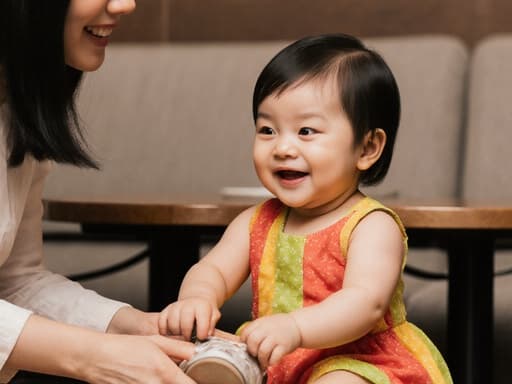 사랑스러운 표정을 지닌 1세의 동양인 여아가 화사한 색상의 원피스를 입고 어머니가 신발을 신겨주는 모습이 아늑한 카페 환경에서 담긴 하프 바디 샷, 따뜻함과 사랑이 느껴집니다.