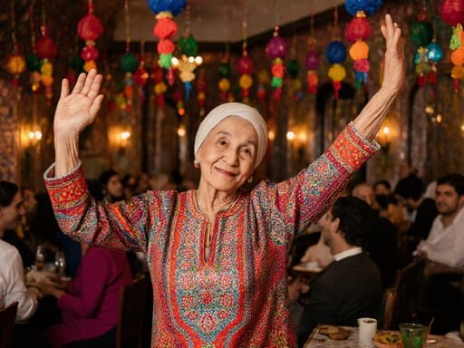 70대 중동계 여성의 자연스러운 모습이 담긴 반신 촬영으로, 화려한 전통 의상을 입고 즐겁게 춤추는 모습이 다채로운 장식과 웃음 소리가 가득한 카페에서 문화 축제의 정신을 표현하고 있습니다.